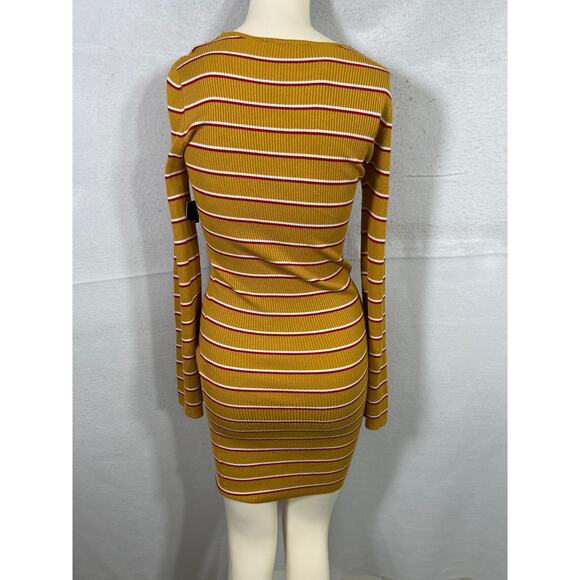 Lulus Rendezvous Mustard Yellow Striped Long Sleeve Bodycon Dress Size M NWT - Picture 4 of 7